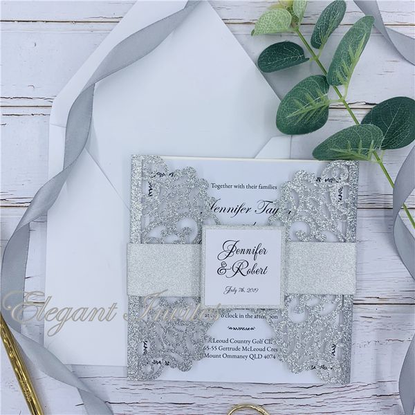 

glitter silver laser cut wedding invitations card lace elegant greeting card customize with belly band wedding party decoration