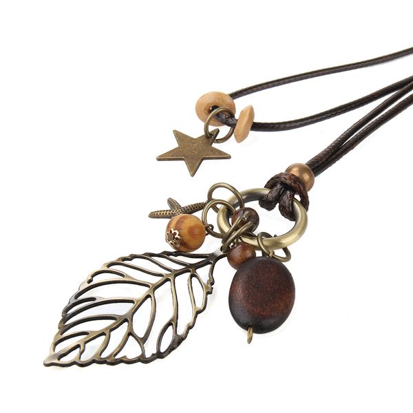 

filigree hollow leaf pendant braided wax cord sweater clothing necklace, Silver