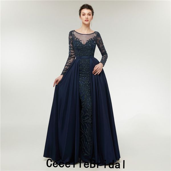 

Navy blue long luxury evening dre 2019 with long leeve major beading arabic women parkly evening party gown prom dre real photo
