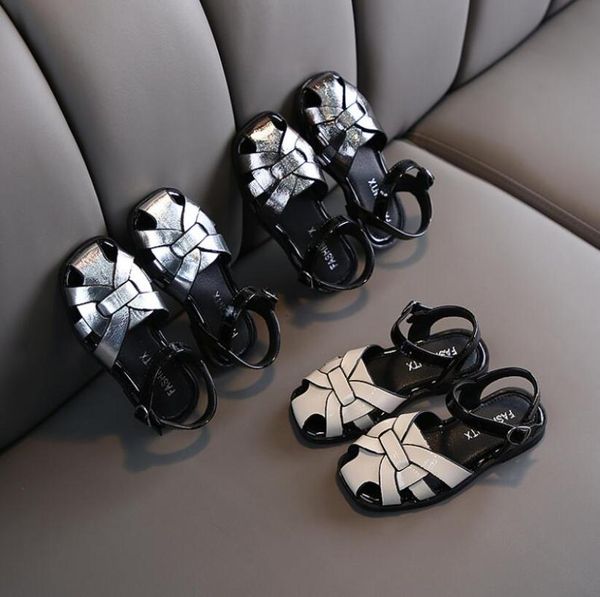 

summer kids sandals for girls princess flat leather shoes new roman solid color stripe baby girl beach sandals leather, Black;red