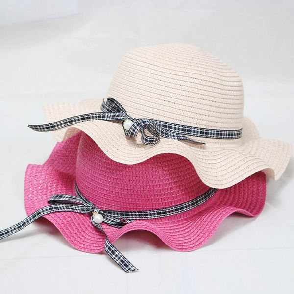 

2019 new pearl sunhats for women summer beach caps baby girls sun visor cap wave brim straw hat parent-child sun hats kids, Blue;gray
