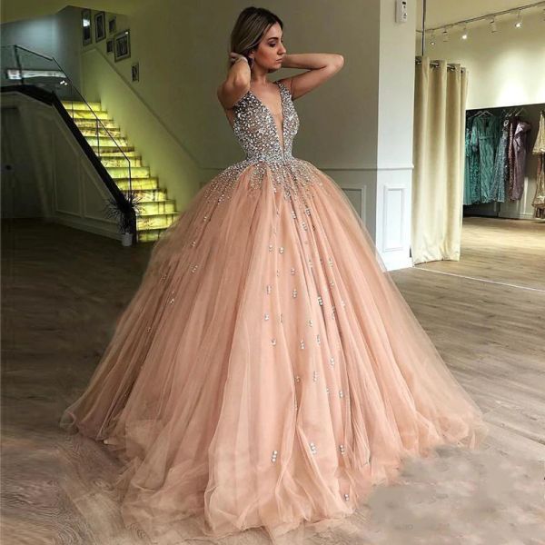 

custom made crystals ball gown wedding dresses deep v neck sequined bridal gowns floor length tulle rhinestones vestido de novia, White