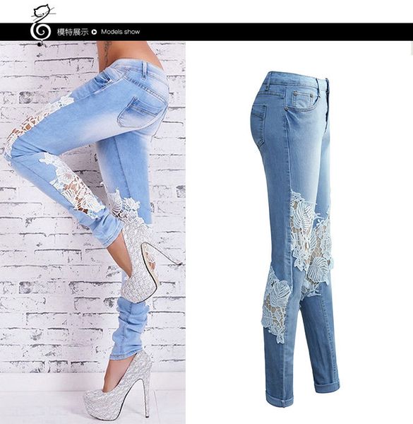 

супер эластичность европа и америка россия с дырками вышитые женский платье женский джинсовые брюки узкие брюки узкие ноги пан, Blue