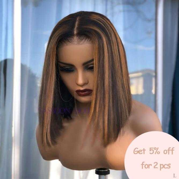 

13x4 colored ombre lace front human hair wigs for women blonde #27 highlight remy brazilian straight wigs 130% natural plucked, Black;brown