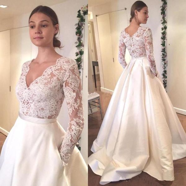

new long sleeve wedding dress bohemian v neck a line appliques lace satin skirt wedding gown with pocket bride dress vestidos de soiree, White
