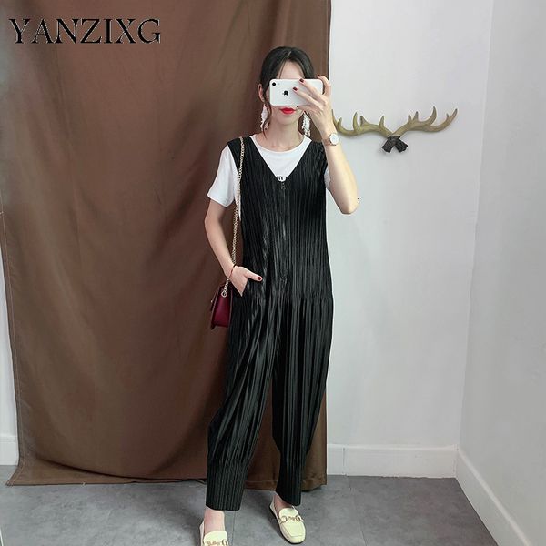 

2019 new autumn fashion women clothes vintage pleated v-neck sleeveless zippers wide leg pants jumpsuit d379, Black;white