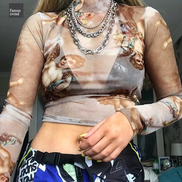 

2019 купидон t shirt печать сетки crop top женщины kawaii весна ангел pattern длинные рукава mock neck tshirt streetwear, White