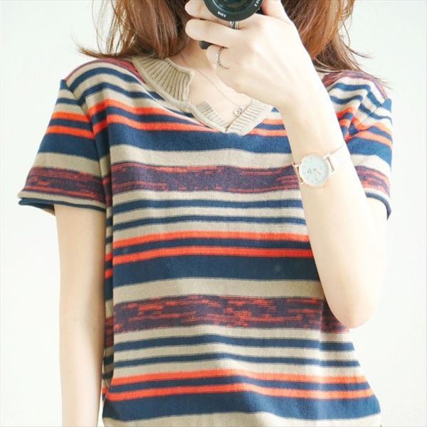 

2019 thin striped cotton and linen knitted short-sleeved female v-neck knitted t-shirt loose versatile t-shirt korean, White
