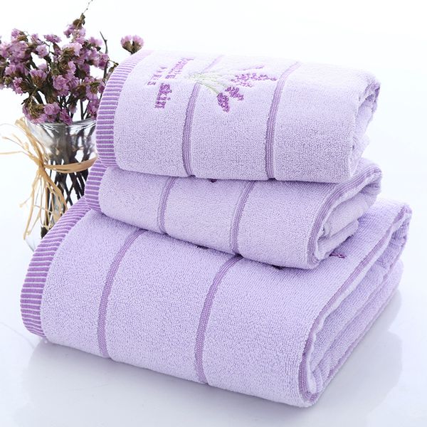 

100% pure color embroidery lavender quick-dry antibacterial cotton fabric towel set, adults children face bath towel 3 pcs
