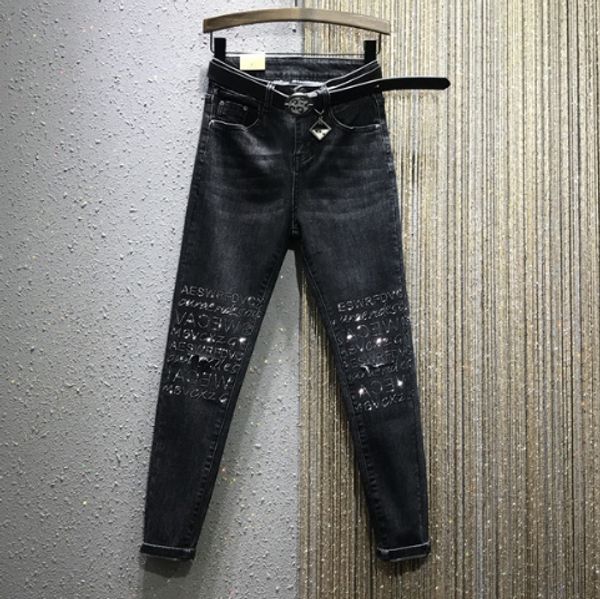 

европейские джинсы стиль женщины 2020 весна новая высокая талия stretch slim-fit колено hot drilling denim брюки карандаш spodnie damskie, Blue