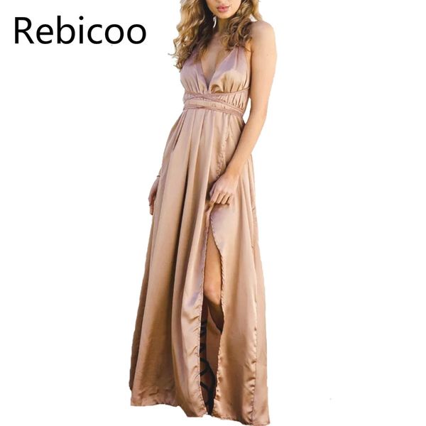 

new satin backless dress women elegant deep v neck split maxi dresses 2018 fashion long christmas party dresses vestidos, Black;gray