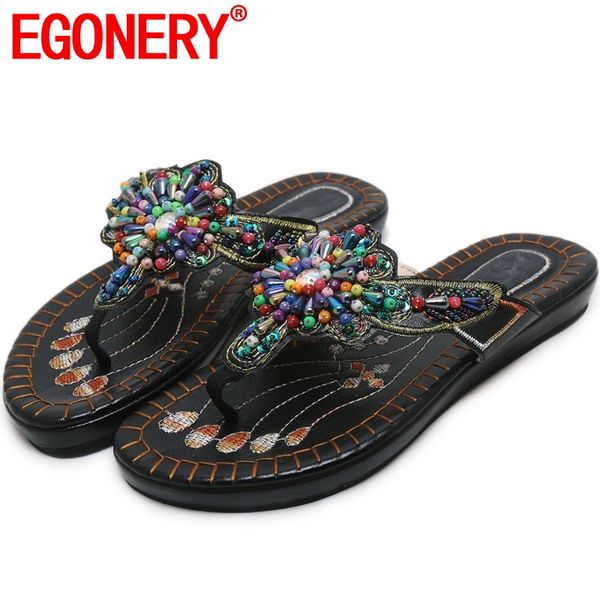 

egonery handmade plus size pearl crystal beads flip flops beach woman slippers flat with mules shoes spring summer slides, Black