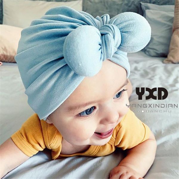 

2020 cute bow hats new toddler kids ears hat candy color newborn baby beanie elastic cotton boys caps girls babies turban, Yellow