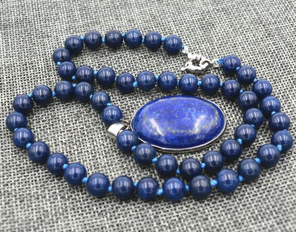 

natural 8mm egyptian lapis lazuli gemstone pendant necklace 18''18x25mm, Silver