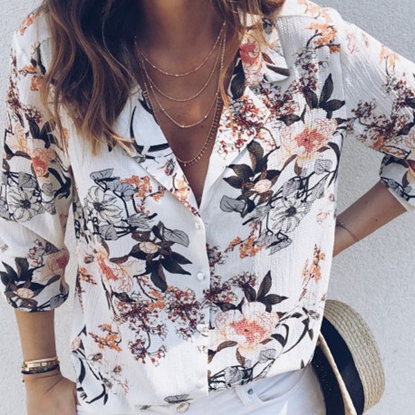 

fashion casual womens and blouses elegant long sleeve v neck floral harajuku shirt ladies boho summer dames blusa feminina, White