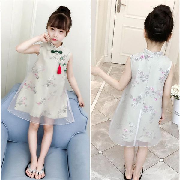 

newly girls retro traditional chinese cheongsam dress floral mesh kids dress summer sleeveless qipao tang suit for children, Red