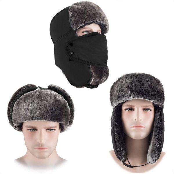 

warm winter trooper hat hunting hat ear flap chin strap and windproof mask earmuffs cap with mask thick cap ear riding, Black