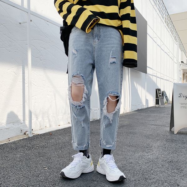 

2020 new mens hole nine points jeans tide brand korean spring ripped denim loose casual ankle length pants, Blue