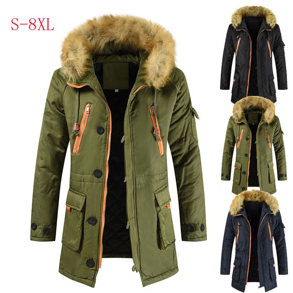 

plus size s-8xl new winter jacket men thicken warm parkas casual long outwear hooded collar jackets and coats mens veste homme, Black