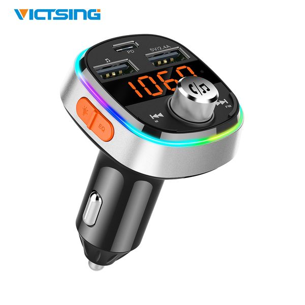 

victsing bluetooth v5.0 fm transmitter for car usb-c pd 3.0 & deep bass car wireless adapter radio transmitter with 7 color led backlit 3