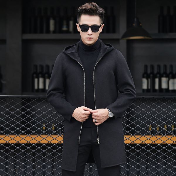 

men's wool & blends hooded winter coat men leisure long sections woolen coats pure color casual fashion jackets / overcoat, Black