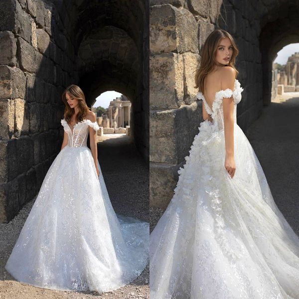 Abito da sposa linea A da sogno Una spalla Applique senza schienale Paillettes Tulle Fiori fatti a mano Abiti da sposa Sweep Train Abiti da sposa Boho