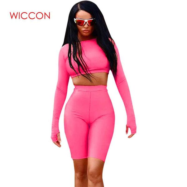 

2019 fashion fluorescence 2 pieces sets women full sleeve active wear solid crop shorts tracksuits female sporting wear, White