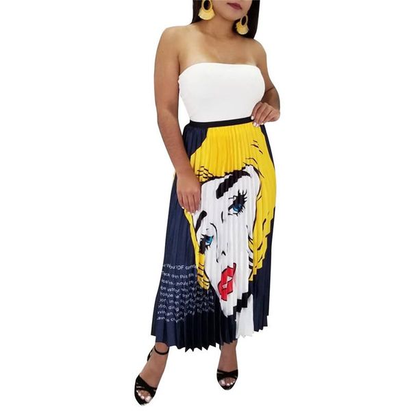 

designer women summer dresses fashion irregular printed pleated ladies long skirt ladies elastic waist female skirts