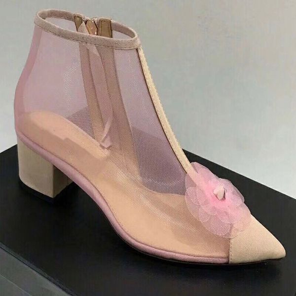 

women mesh sandals ankle boots 3d flower fashion block heel pointed toe summer breathable shoes leisure black white pink c410