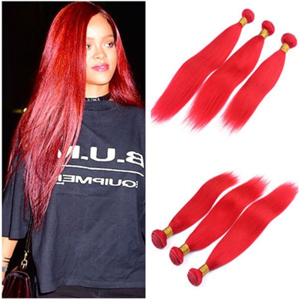Red Colored Peruvian Virgin Human Hair Extensions Double Wefts