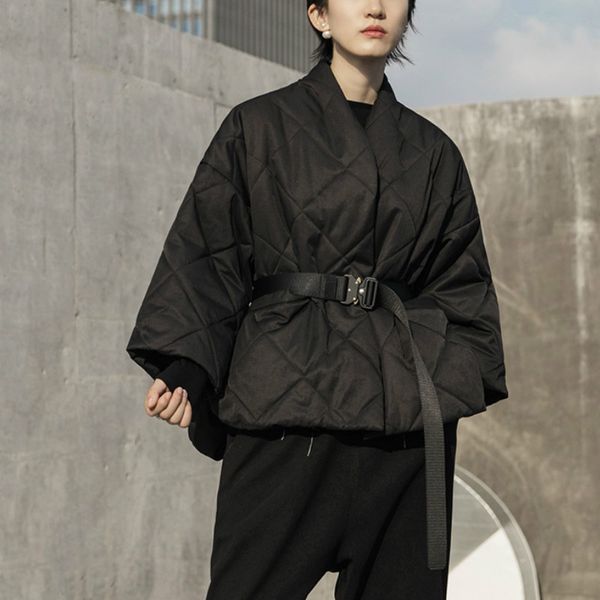 

2019 retro black plus size short cotton padded coat loose women parkas fashion tide belt new autumn winter female h311
