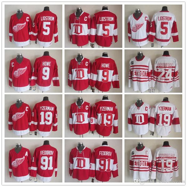 

vintage deriots red wings 19 steve yzerman 9 gordie howe 5 nicklas lidstrom 24 chris chelios 91 sergei fedorov red white hockey jerseys, Black;red