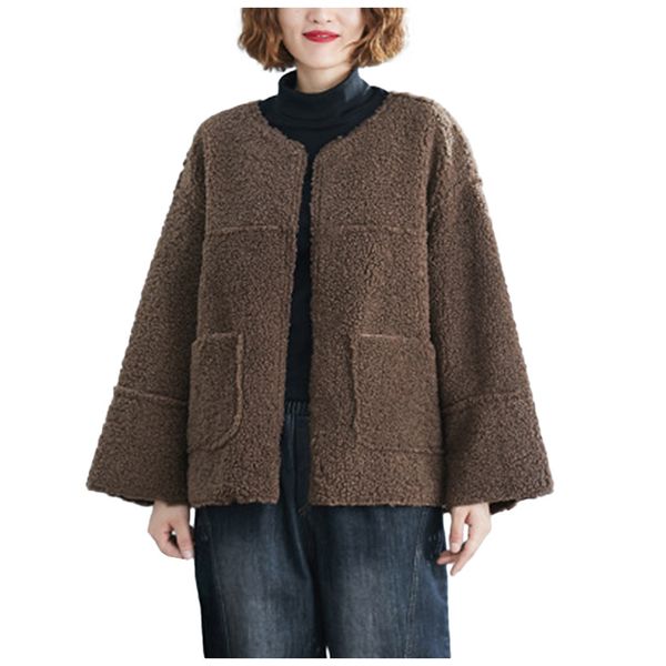 

winter coat women 2019 new elegant casual loose outwear female thick warm round neck solid color plush short overcoat parka, Black