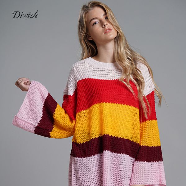 

diwish sweaters women autumn plus size loose sweaters pullovers flare sleeve ombre strip o-neck 3 colors fashion 2019, White;black
