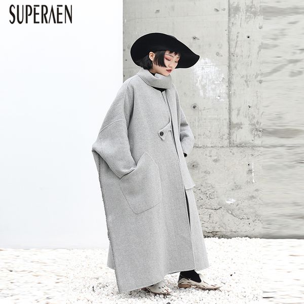 

superaen winter 2018 new woolen coat female fashion casual wild europe long woolen coat women long sleeve women clothing, Black