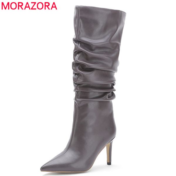 

boots morazora 2021 women knee high thin heel pointed toe autumn winter woman party wedding shoes, Black