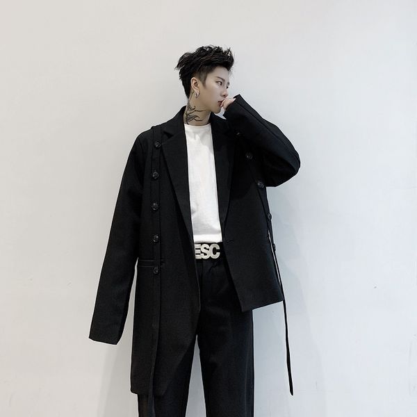 

men 2pcs sets ribbon casual suits jacket pant male women streetwear hip hop fashion show blazer coat trousers stage clothing, White;black