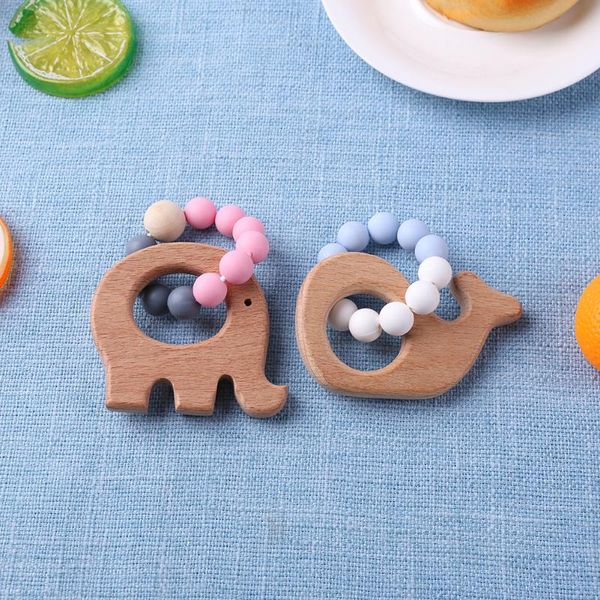 

1pc baby teething toys cartoon animal baby teether bracelet silicone bead wood ring nursing toys infant chew toy holder teether