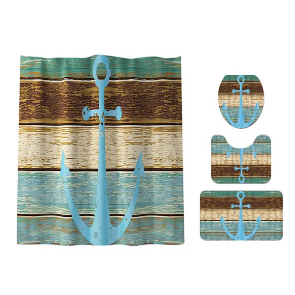 

4 pcs bathroom set shower curtain rug & toilet lid cover boat anchor pattern