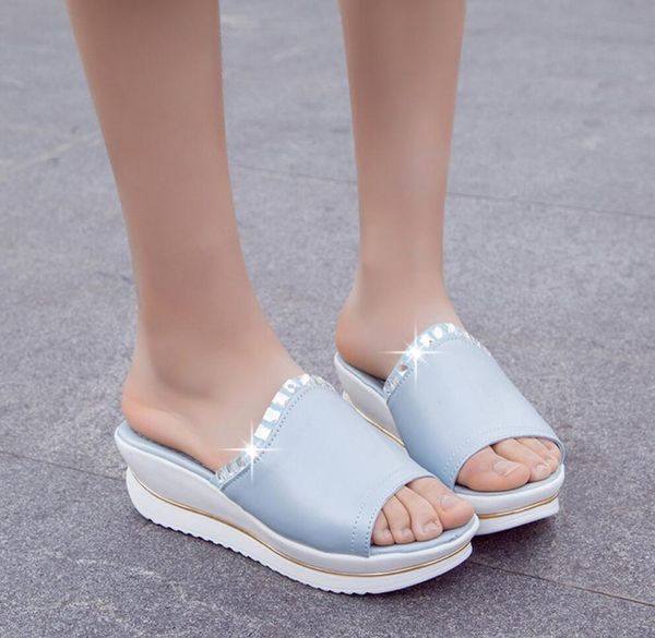 

peep toe women slide rhinestone wedges slippers summer handmade ladies terlik comfort platform high heels mules shoes women, Black