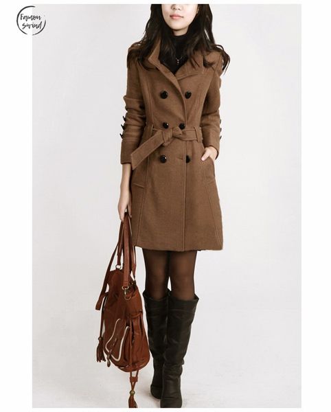 

coat women new trench woolen overcoat winter slim double breasted regular winter coats long outerwear for women plus size y707, Black