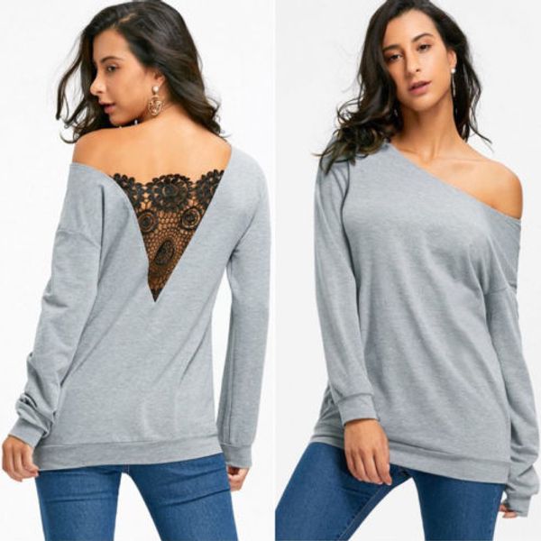 

off shoulder 2018 fashion womens long sleeve backless lace ladies mini jumper t shirt pullover shirt, White