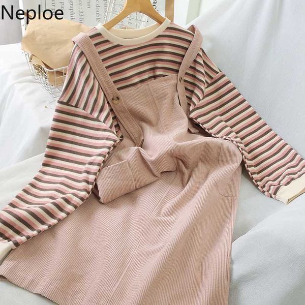 

neploe корейский casual 2 шт женщины set o шеи пуловер полосатой толстовки + сыпучие карманный camis conduroy комбинезоны conjuntos 49250, White