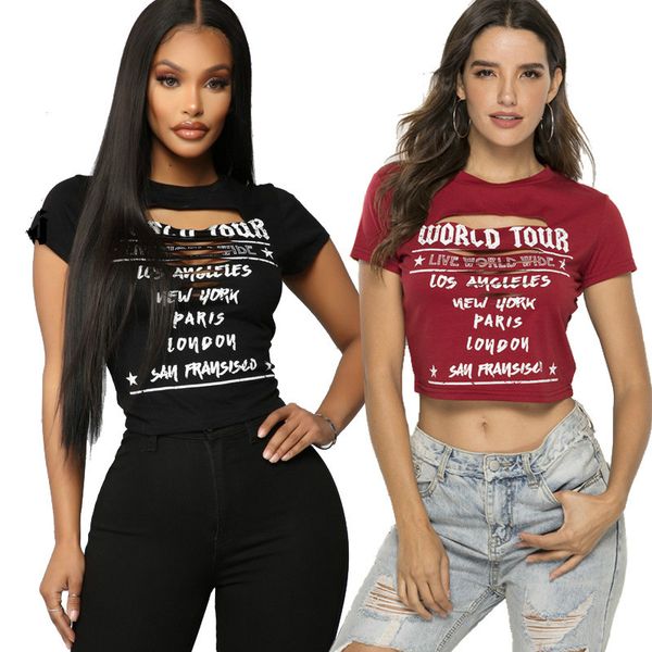 

Fashionable Women's T-shirt 19189 Hole Printed Women's T-Shirt Sexy Navel Short Top Size S-XL-2