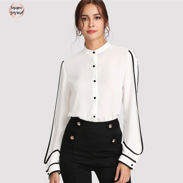 

blouse white autumn elegant stand collar long sleeve button black striped women workwear shirt drop shipping