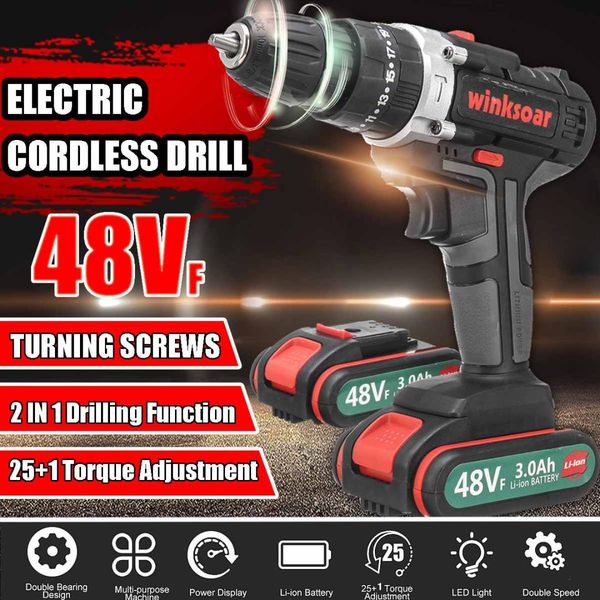 

48vf 2-speed cordless electric screwdriver impact drill 25+1 torque rechargeable li-ion battery electric drill power tools