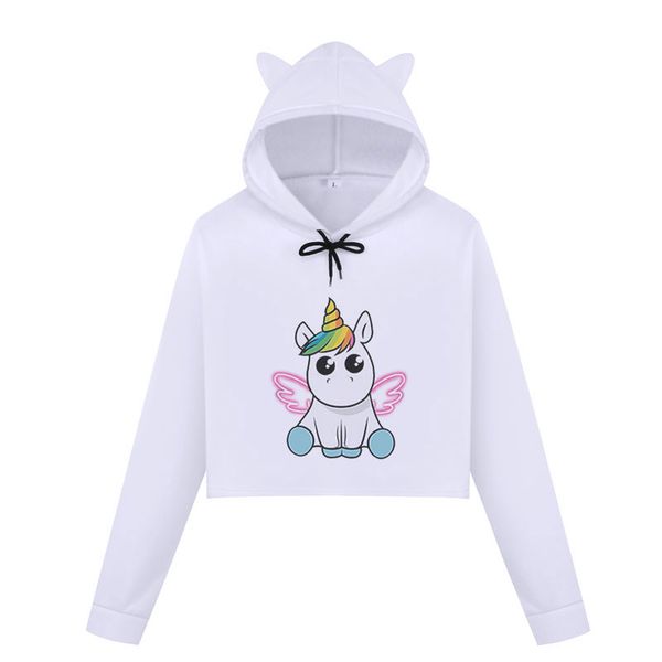 

kpop angel unicorn women hoodies winter sweatshirt casual crop harajuku kawaii cartoon unicorn print cropped hoodie pullover, Black