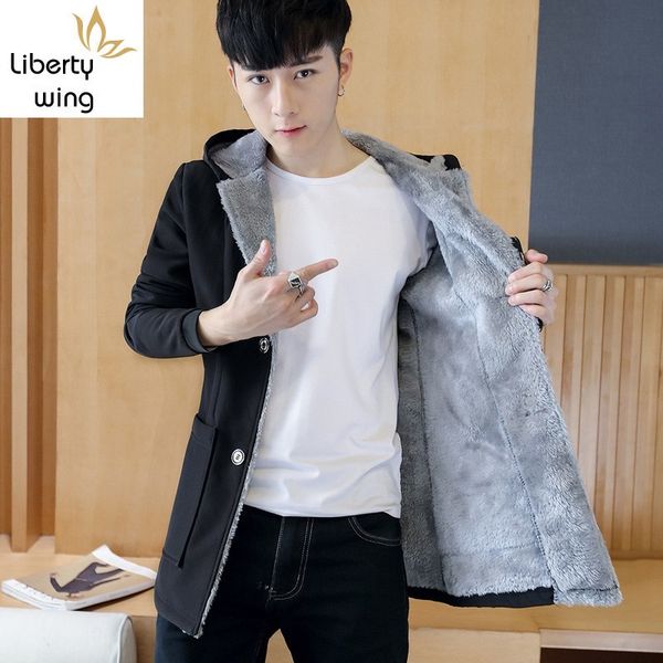 

brand new winter mens fleece linning hooded trench coats fashion casual single breasted medium length male slim fit warm jackets, Black;brown