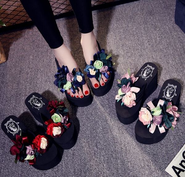 

2019 summer new handmade rose high heel slippers flip flops luxury flower platform cute ladies beach sandals women's shoes, Black