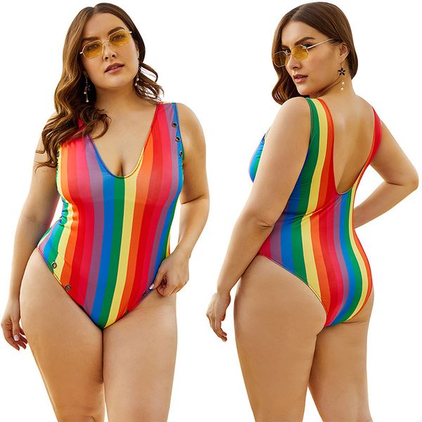 

womens designer swimsuit spring conservative backless belly-covering rainbow printed one-piece triangle large size swimsuit lfbo, White